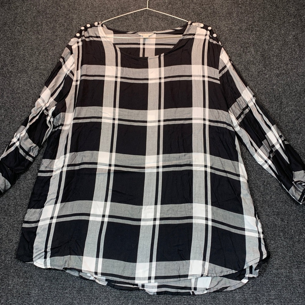Cato Plaid Tunic Blouse  XL Black White Button Shoulder Grunge Modest Layering